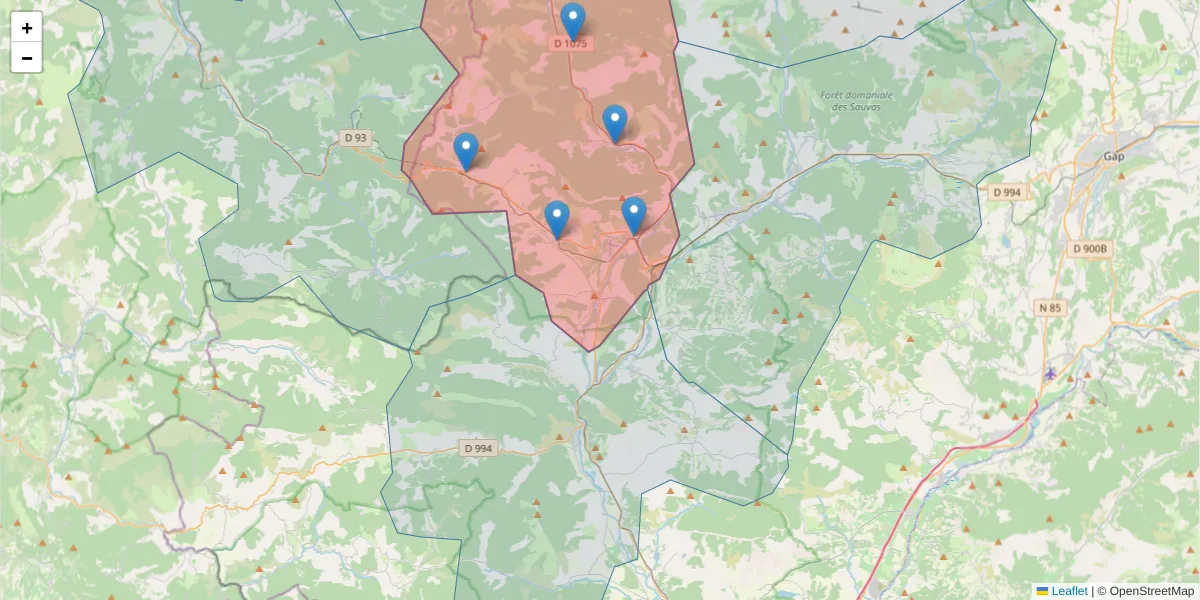 Carte de la zone du code postal  et des codes postaux voisins en France