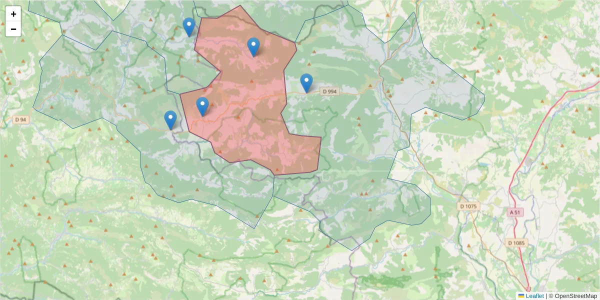 Carte de la zone du code postal  et des codes postaux voisins en France