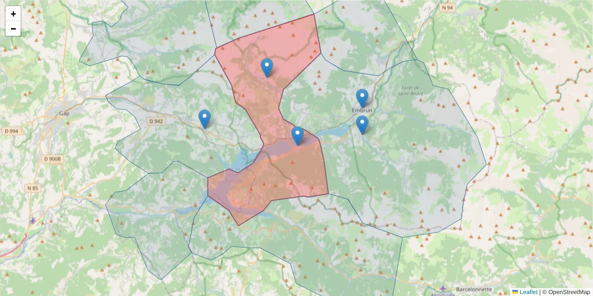 Carte de la zone du code postal  et des codes postaux voisins en France
