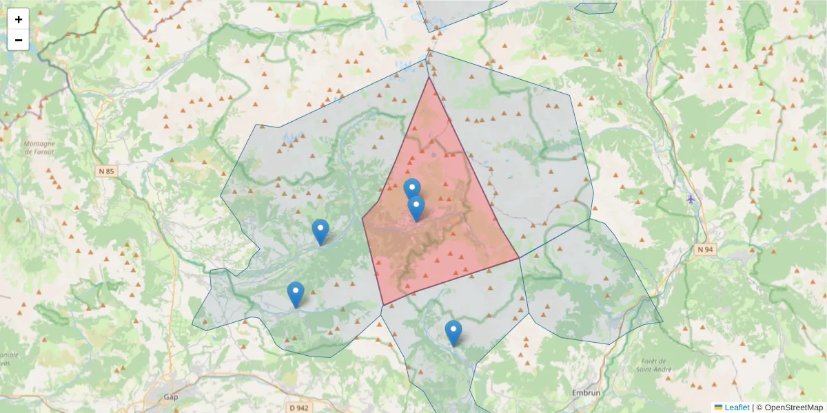 Carte de la zone du code postal  et des codes postaux voisins en France