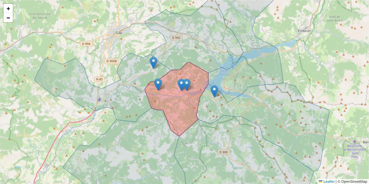 Carte de la zone du code postal  et des codes postaux voisins en France