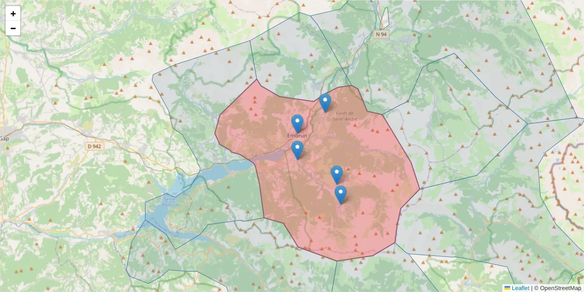 Carte de la zone du code postal  et des codes postaux voisins en France