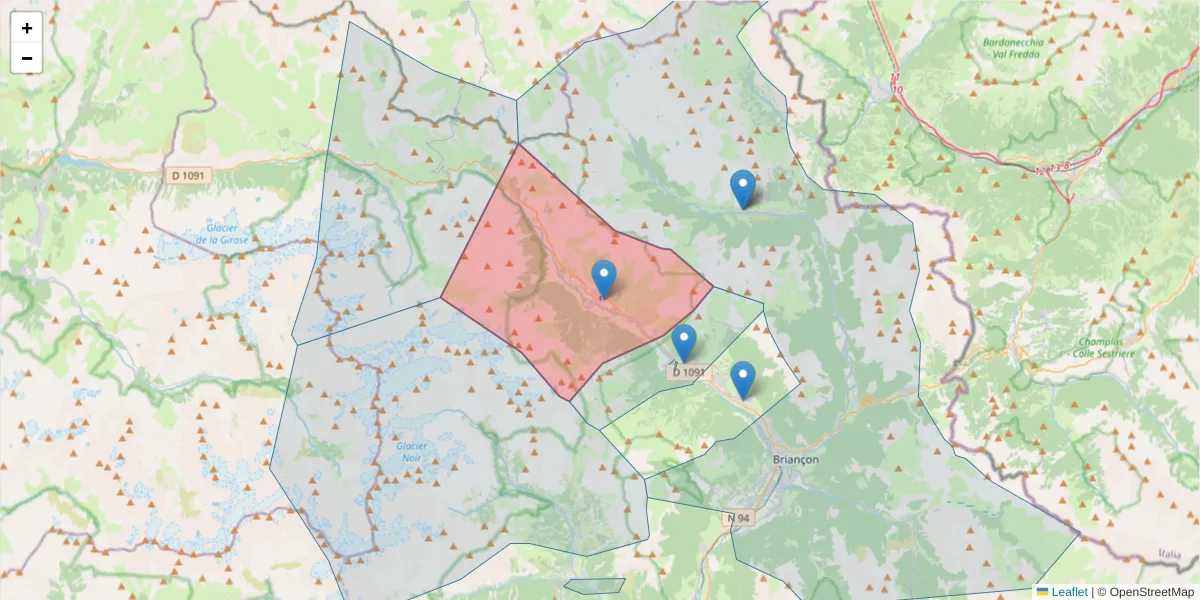 Carte de la zone du code postal  et des codes postaux voisins en France