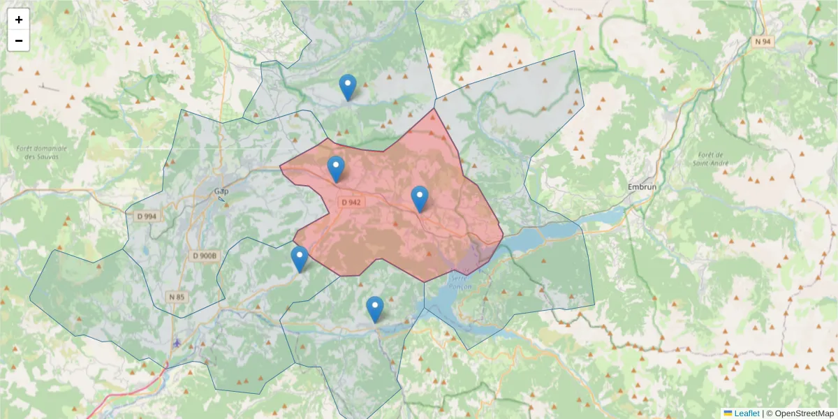 Carte de la zone du code postal  et des codes postaux voisins en France