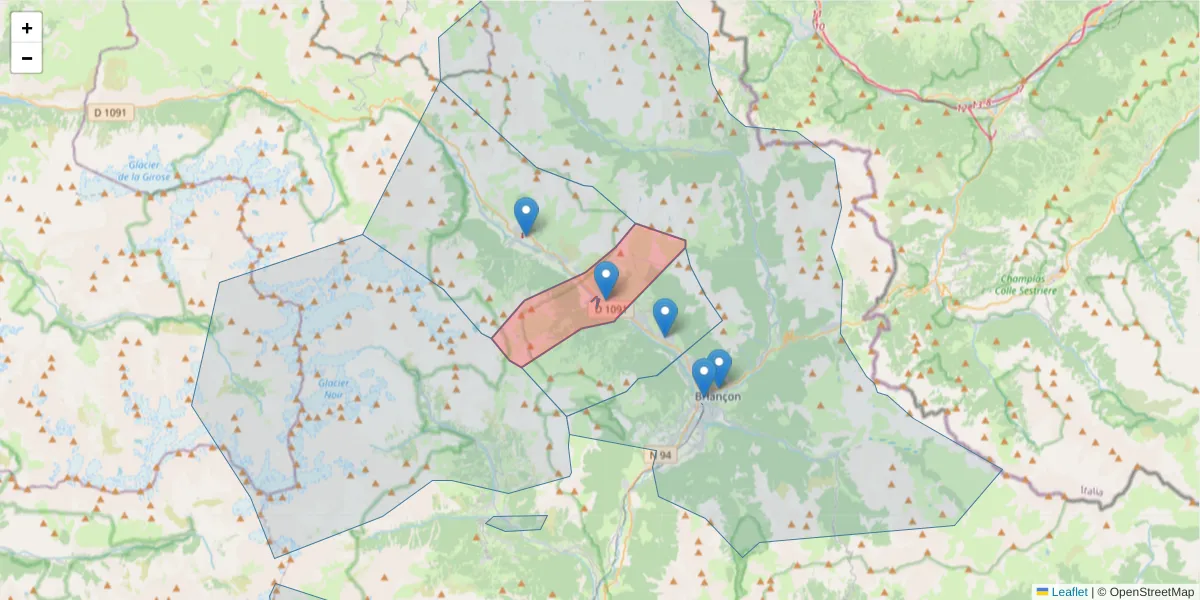 Carte de la zone du code postal  et des codes postaux voisins en France