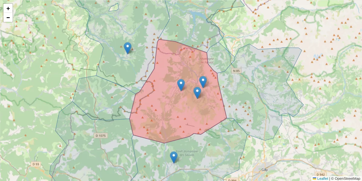 Carte de la zone du code postal  et des codes postaux voisins en France