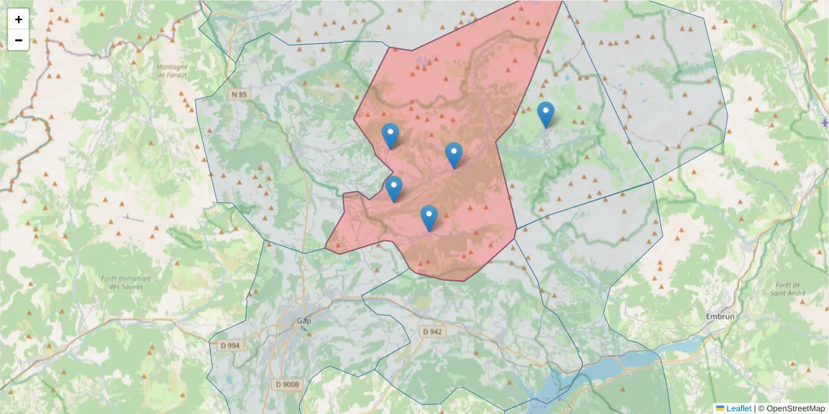 Carte de la zone du code postal  et des codes postaux voisins en France