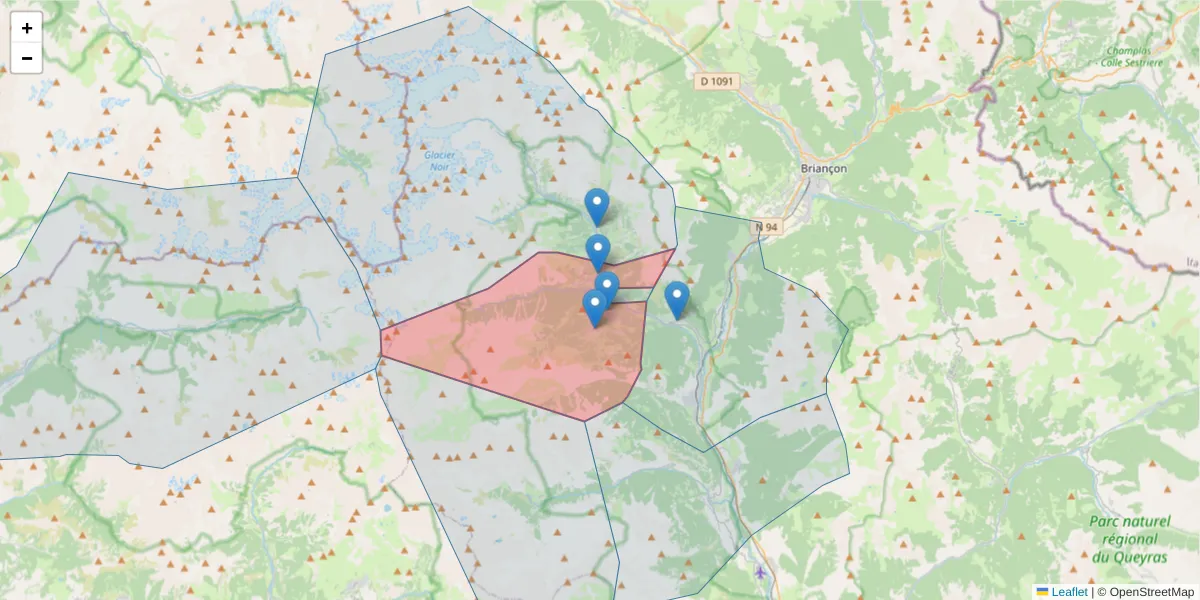 Carte de la zone du code postal  et des codes postaux voisins en France