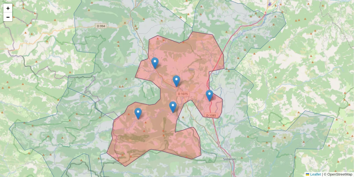 Carte de la zone du code postal  et des codes postaux voisins en France