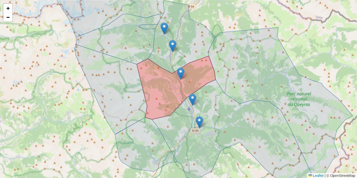 Carte de la zone du code postal  et des codes postaux voisins en France