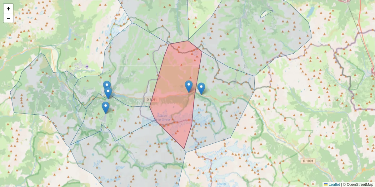 Carte de la zone du code postal  et des codes postaux voisins en France