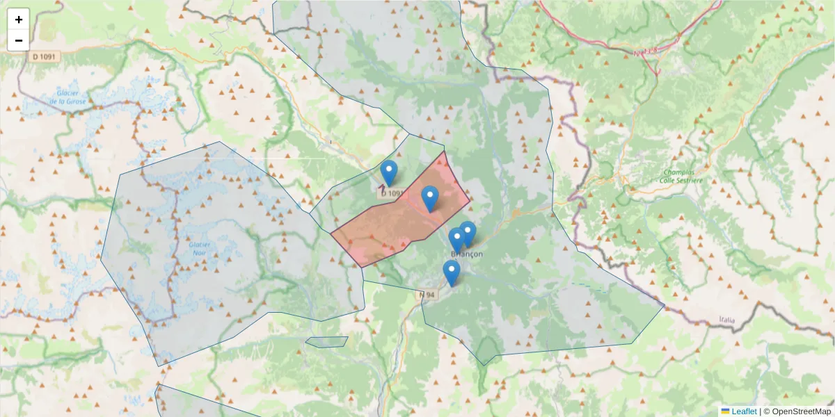 Carte de la zone du code postal  et des codes postaux voisins en France