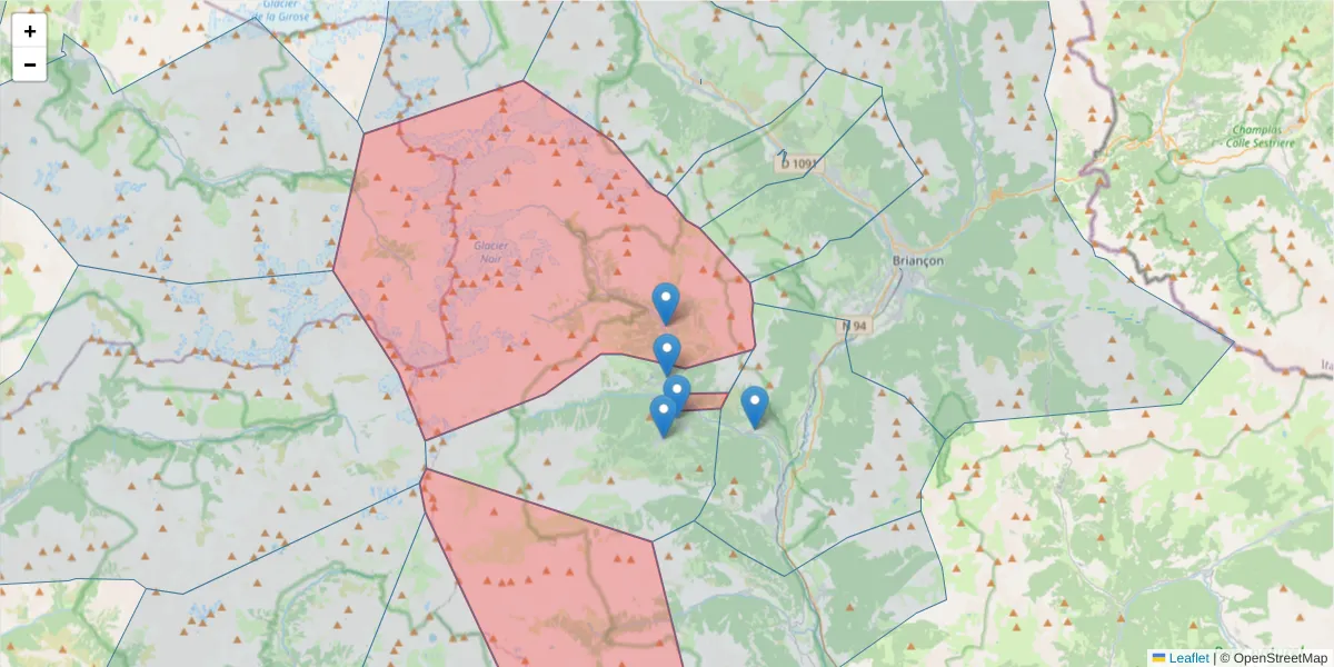 Carte de la zone du code postal  et des codes postaux voisins en France