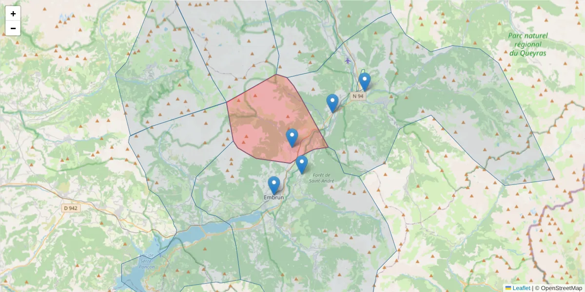 Carte de la zone du code postal  et des codes postaux voisins en France