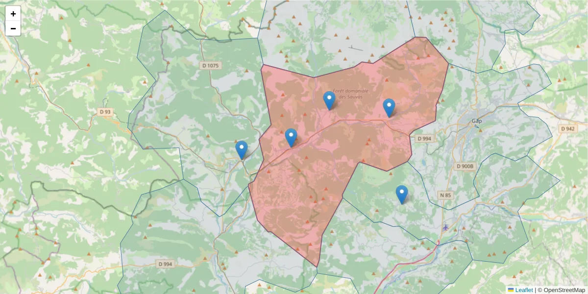 Carte de la zone du code postal  et des codes postaux voisins en France