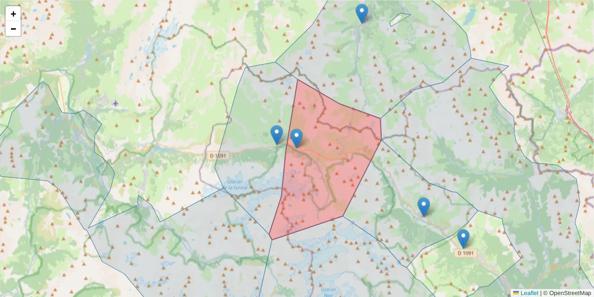 Carte de la zone du code postal  et des codes postaux voisins en France