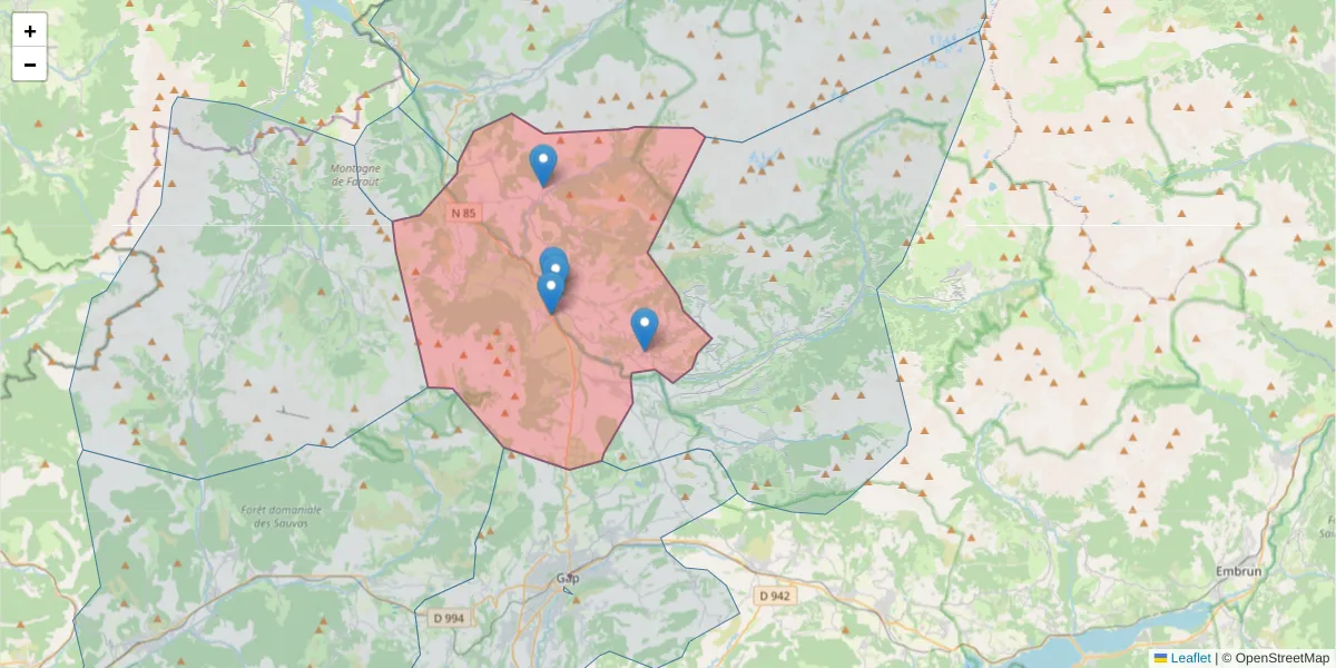 Carte de la zone du code postal  et des codes postaux voisins en France