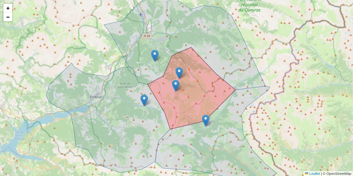 Carte de la zone du code postal  et des codes postaux voisins en France