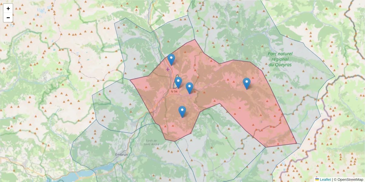 Carte de la zone du code postal  et des codes postaux voisins en France