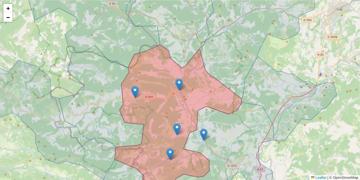 Carte de la zone du code postal  et des codes postaux voisins en France