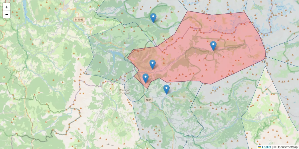 Carte de la zone du code postal  et des codes postaux voisins en France