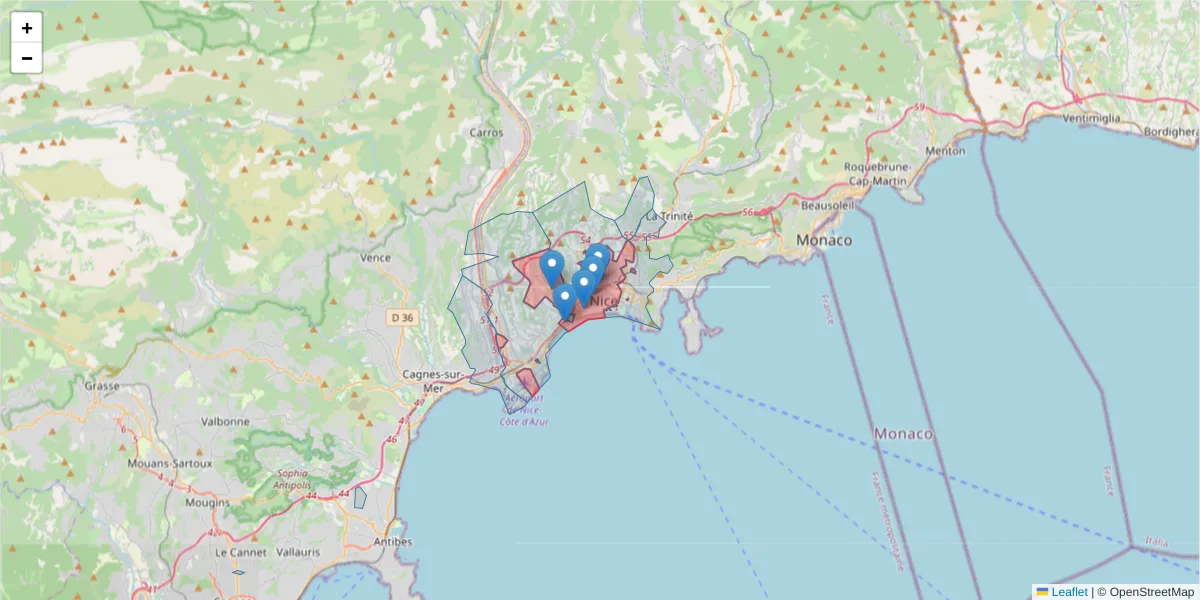 Carte de la zone du code postal  et des codes postaux voisins en France