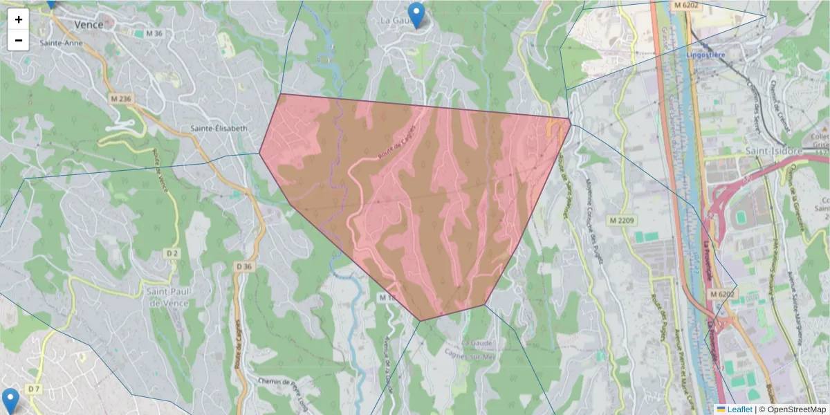 Carte de la zone du code postal  et des codes postaux voisins en France