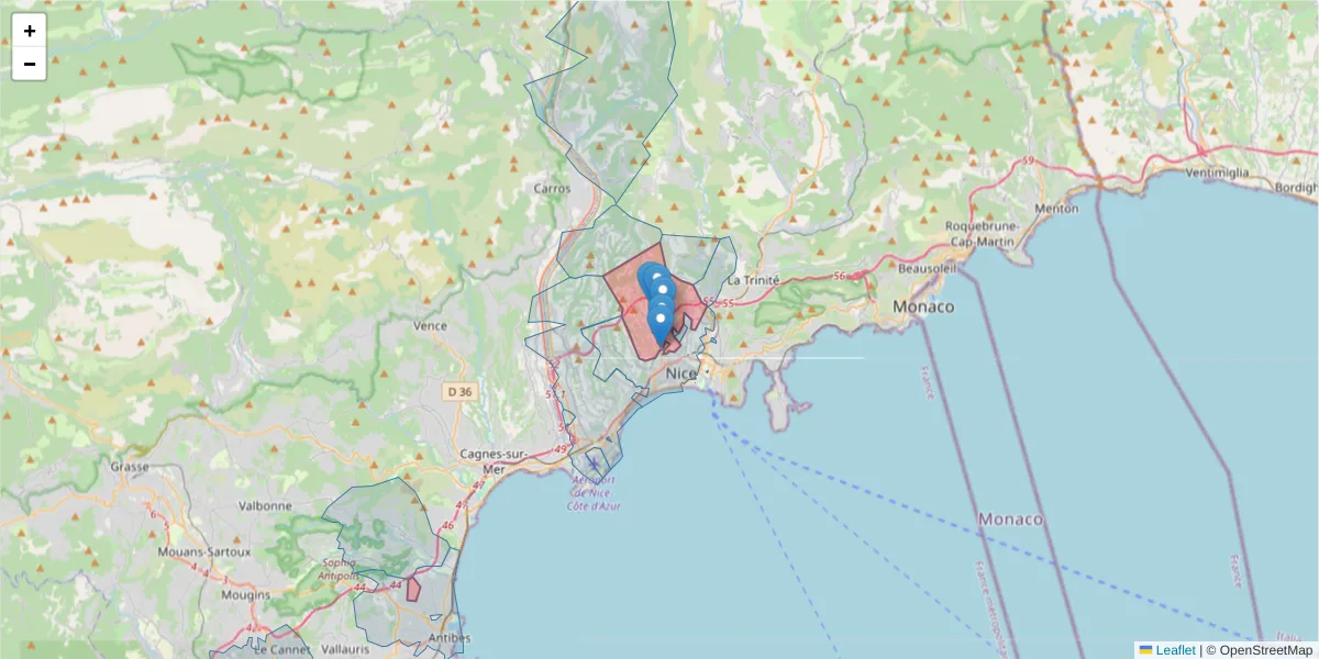 Carte de la zone du code postal  et des codes postaux voisins en France