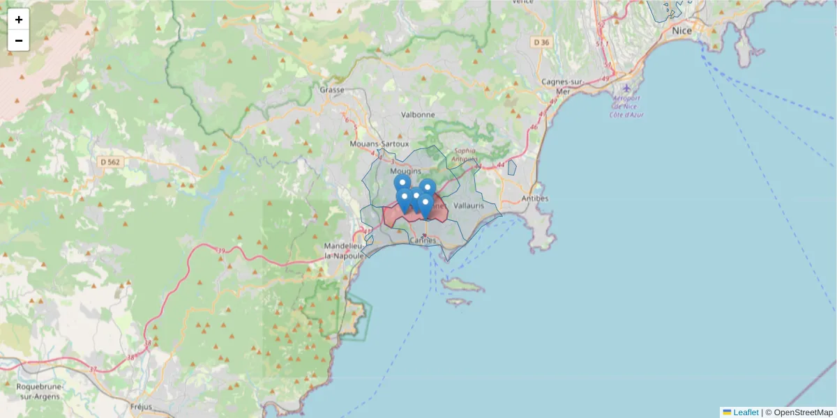 Carte de la zone du code postal  et des codes postaux voisins en France