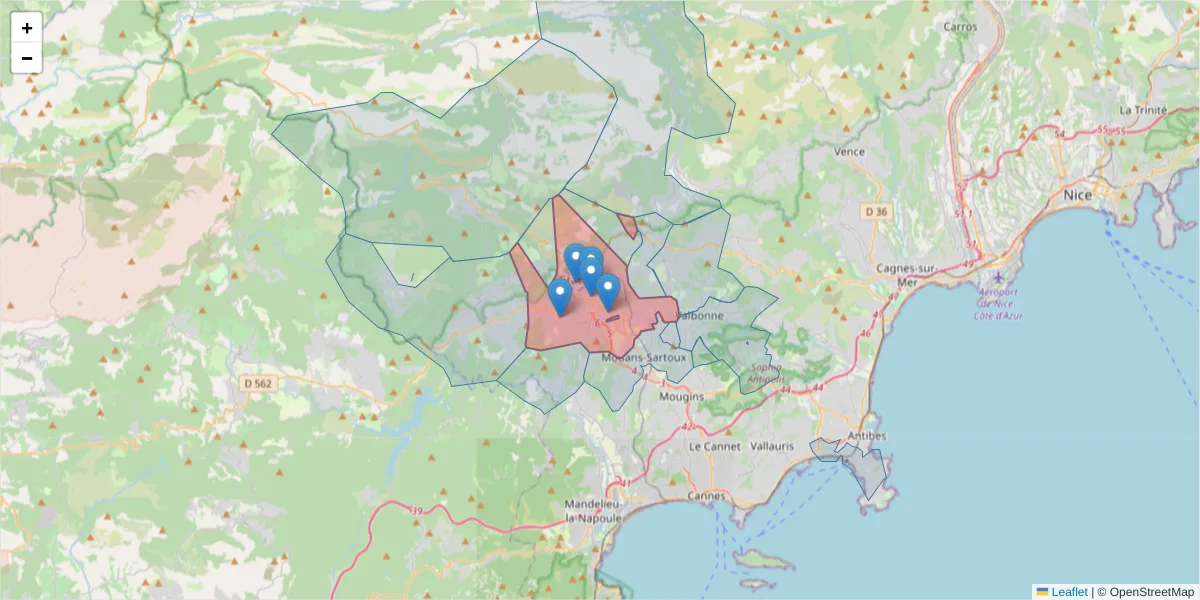 Carte de la zone du code postal  et des codes postaux voisins en France