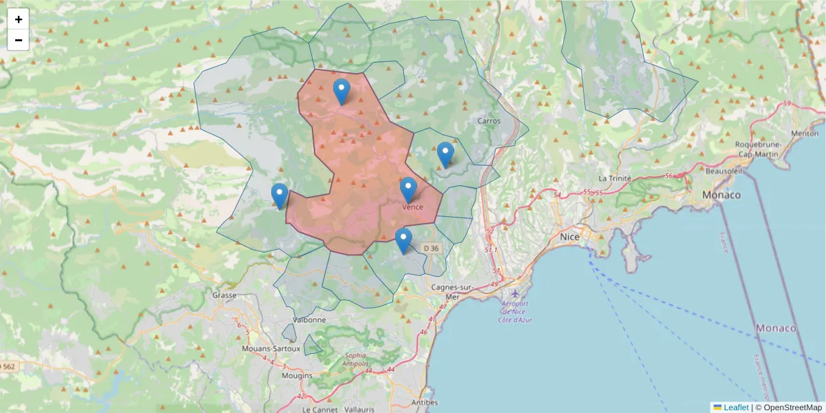 Carte de la zone du code postal  et des codes postaux voisins en France