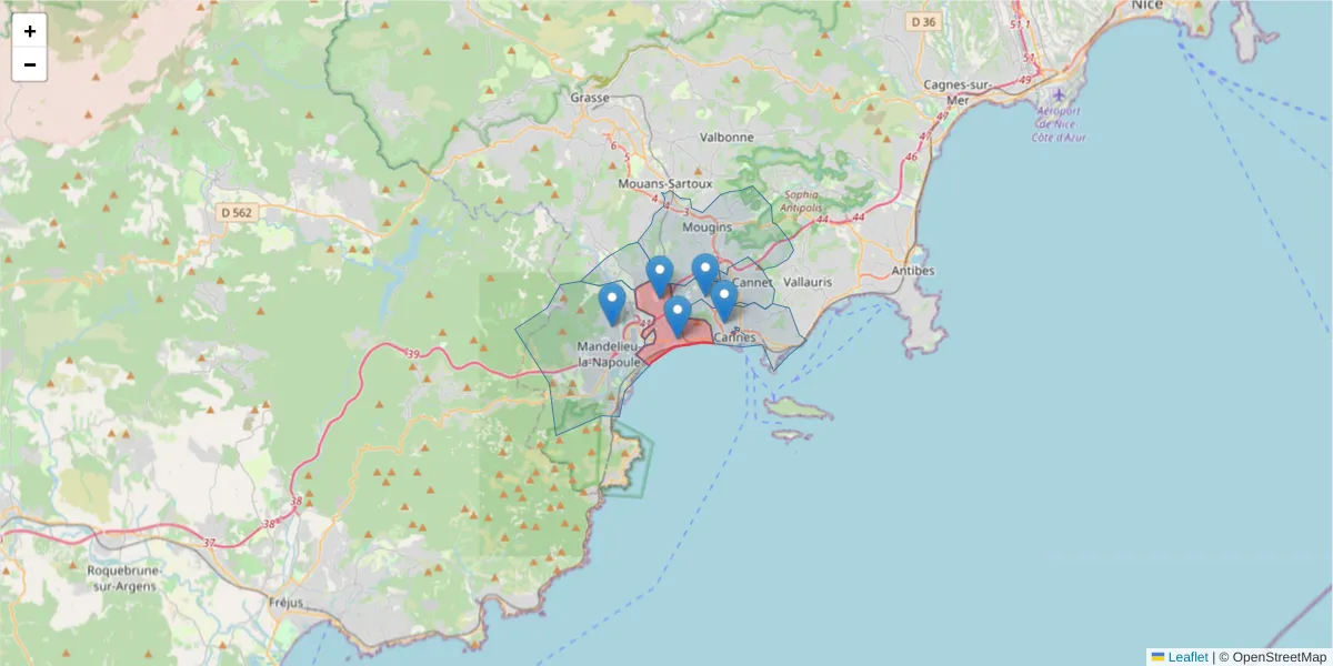 Carte de la zone du code postal  et des codes postaux voisins en France