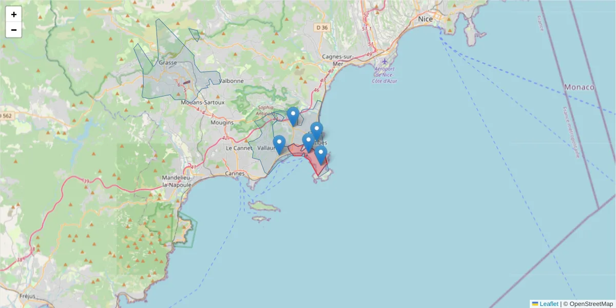 Carte de la zone du code postal  et des codes postaux voisins en France