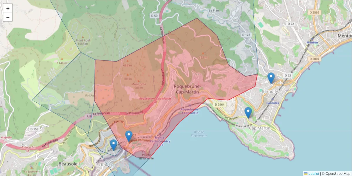 Carte de la zone du code postal  et des codes postaux voisins en France