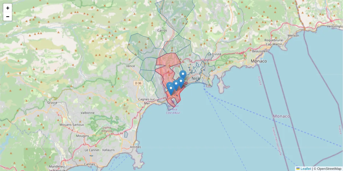 Carte de la zone du code postal  et des codes postaux voisins en France