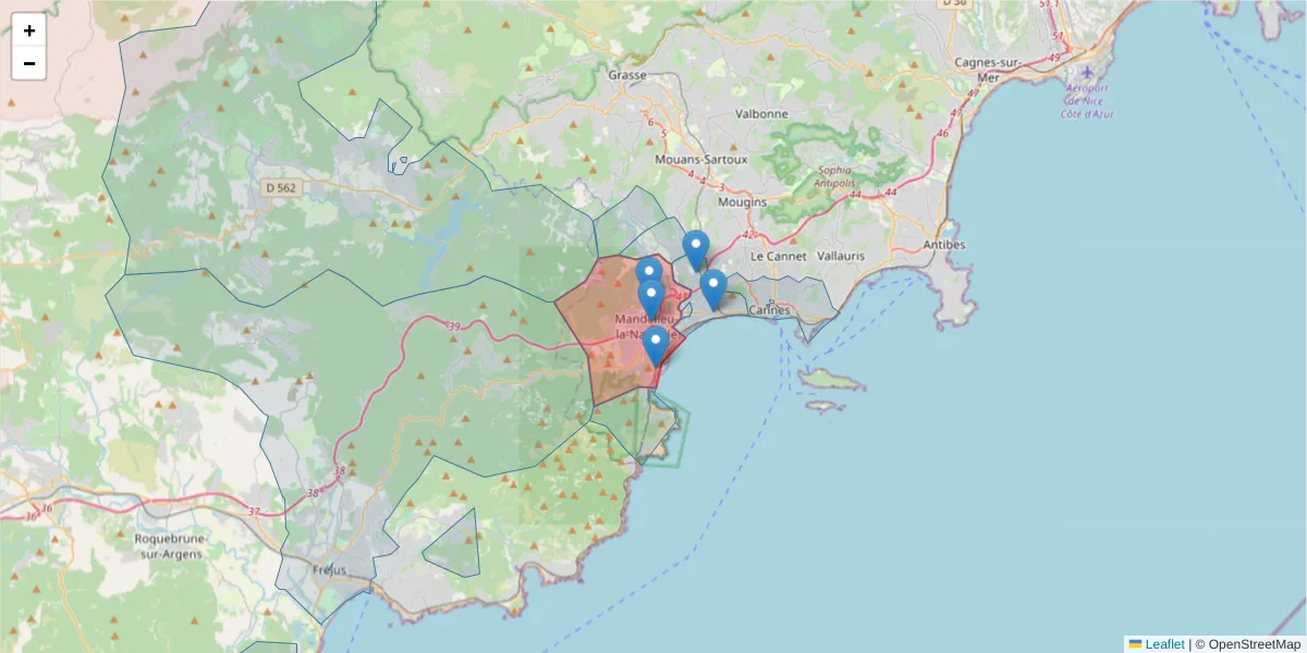 Carte de la zone du code postal  et des codes postaux voisins en France