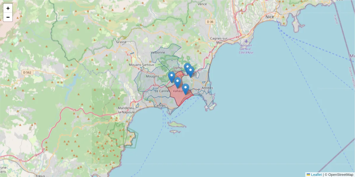 Carte de la zone du code postal  et des codes postaux voisins en France