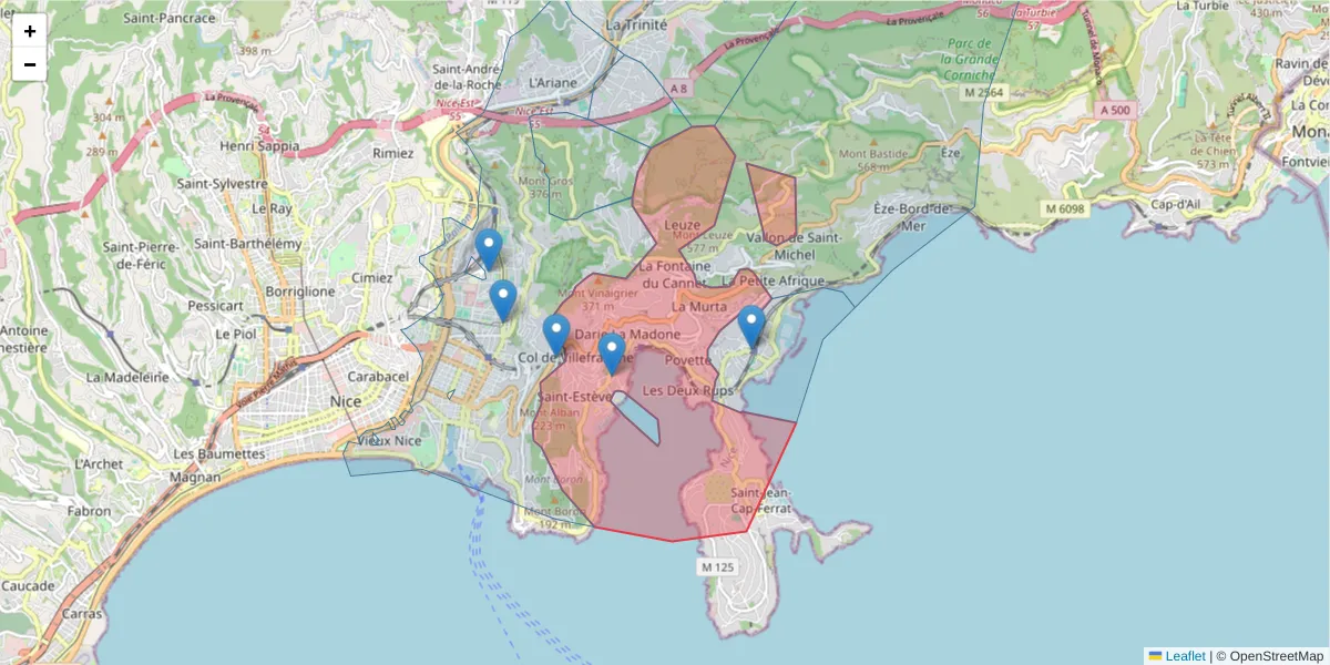 Carte de la zone du code postal  et des codes postaux voisins en France
