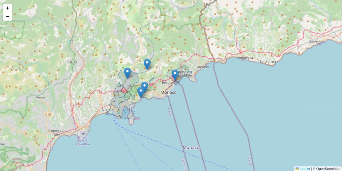 Carte de la zone du code postal  et des codes postaux voisins en France