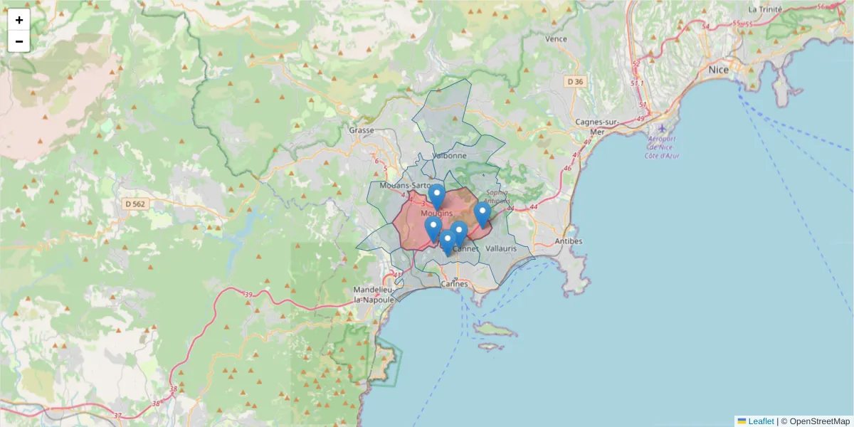 Carte de la zone du code postal  et des codes postaux voisins en France