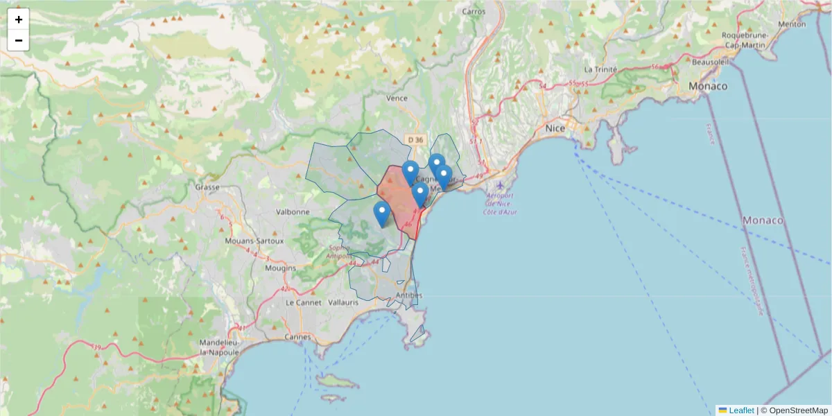 Carte de la zone du code postal  et des codes postaux voisins en France
