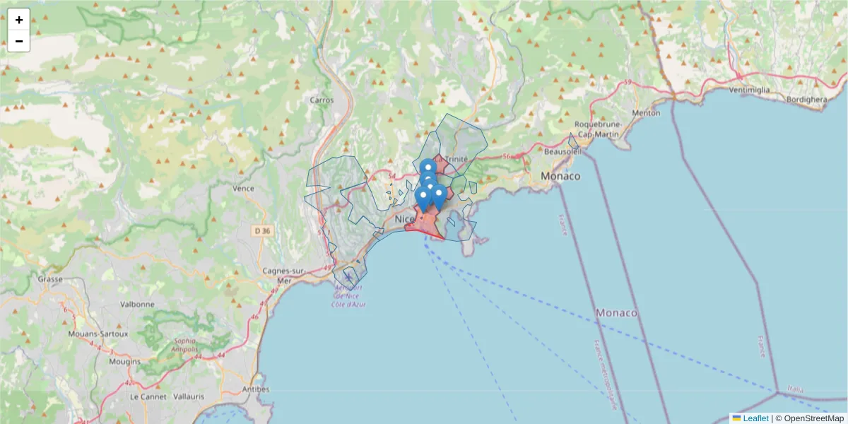 Carte de la zone du code postal  et des codes postaux voisins en France
