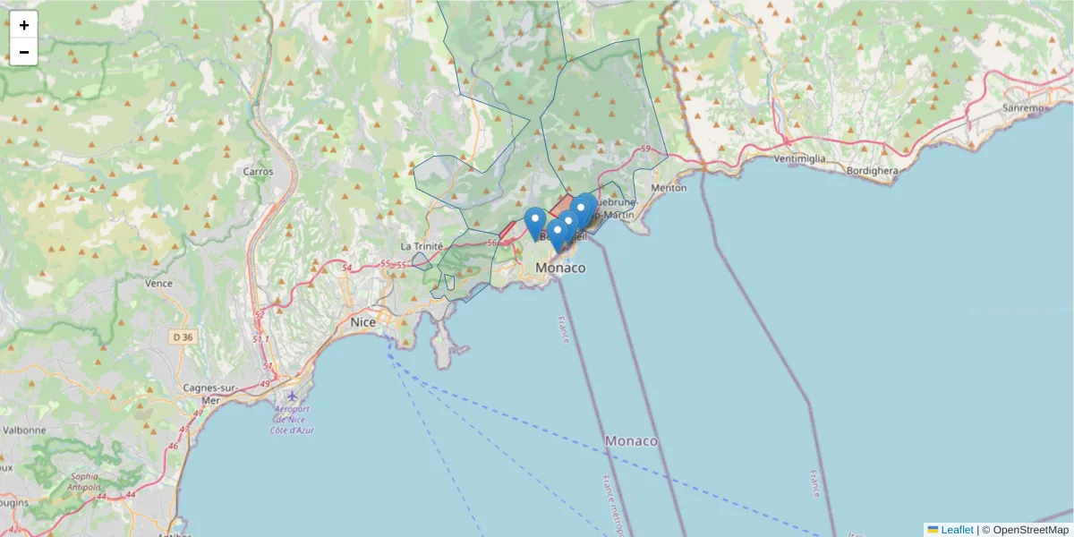 Carte de la zone du code postal  et des codes postaux voisins en France
