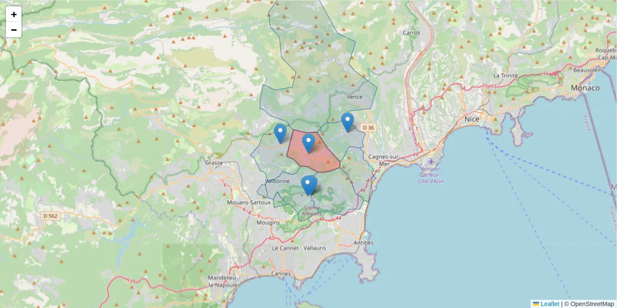 Carte de la zone du code postal  et des codes postaux voisins en France
