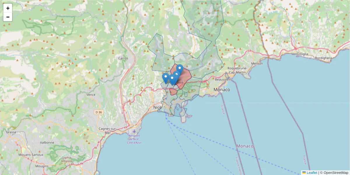 Carte de la zone du code postal  et des codes postaux voisins en France