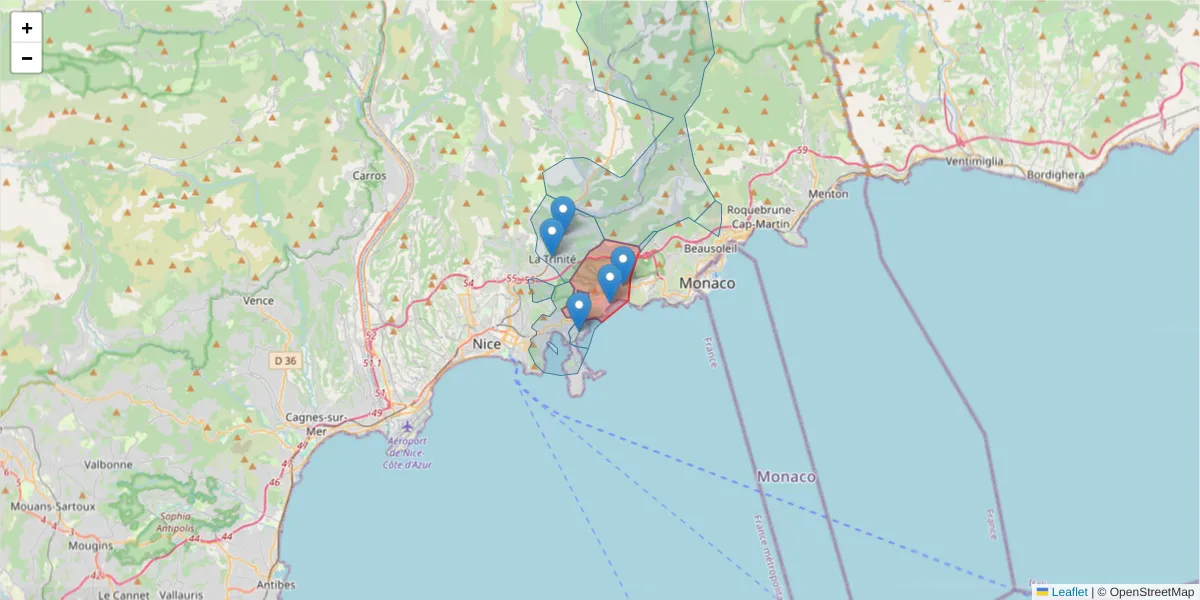 Carte de la zone du code postal  et des codes postaux voisins en France