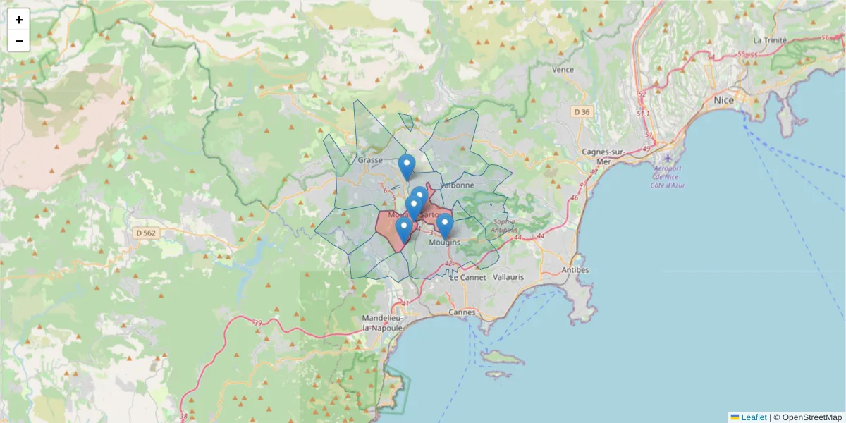 Carte de la zone du code postal  et des codes postaux voisins en France