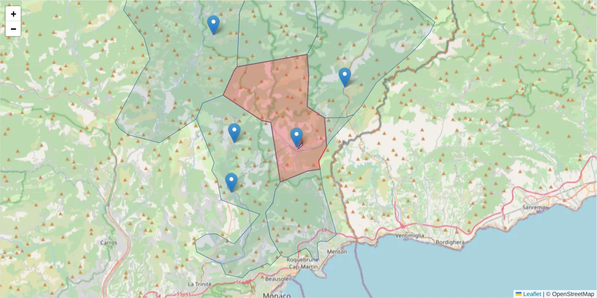Carte de la zone du code postal  et des codes postaux voisins en France