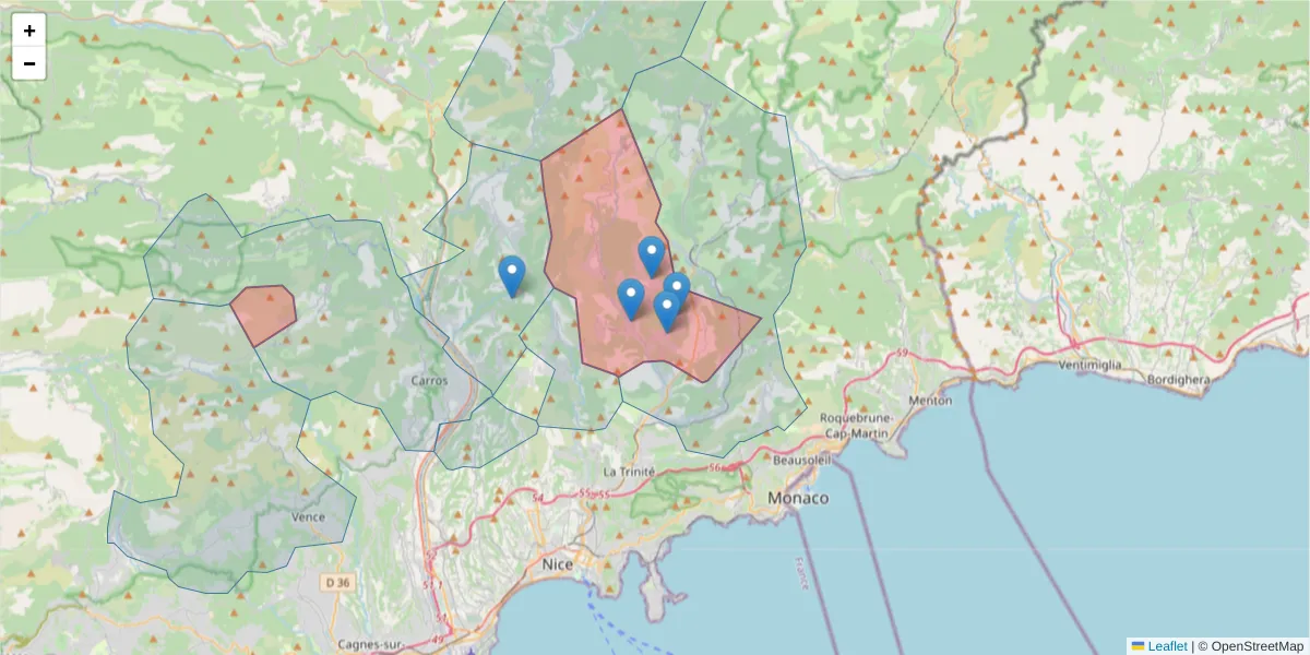 Carte de la zone du code postal  et des codes postaux voisins en France