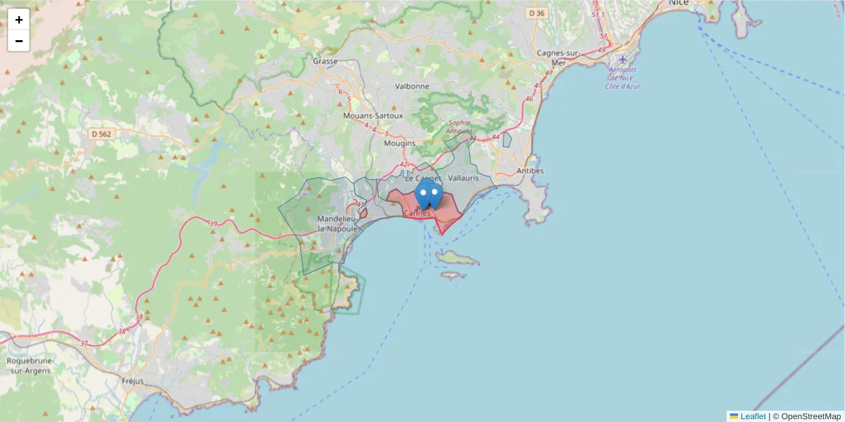 Carte de la zone du code postal  et des codes postaux voisins en France